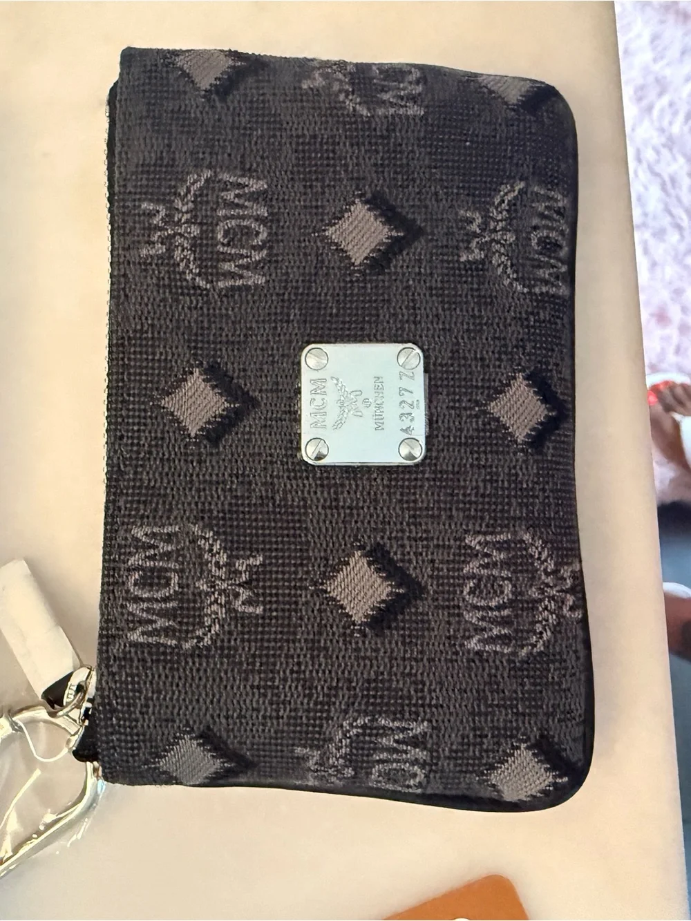 MCM Black Logo Monogram Key Pouch with Silver Hardware